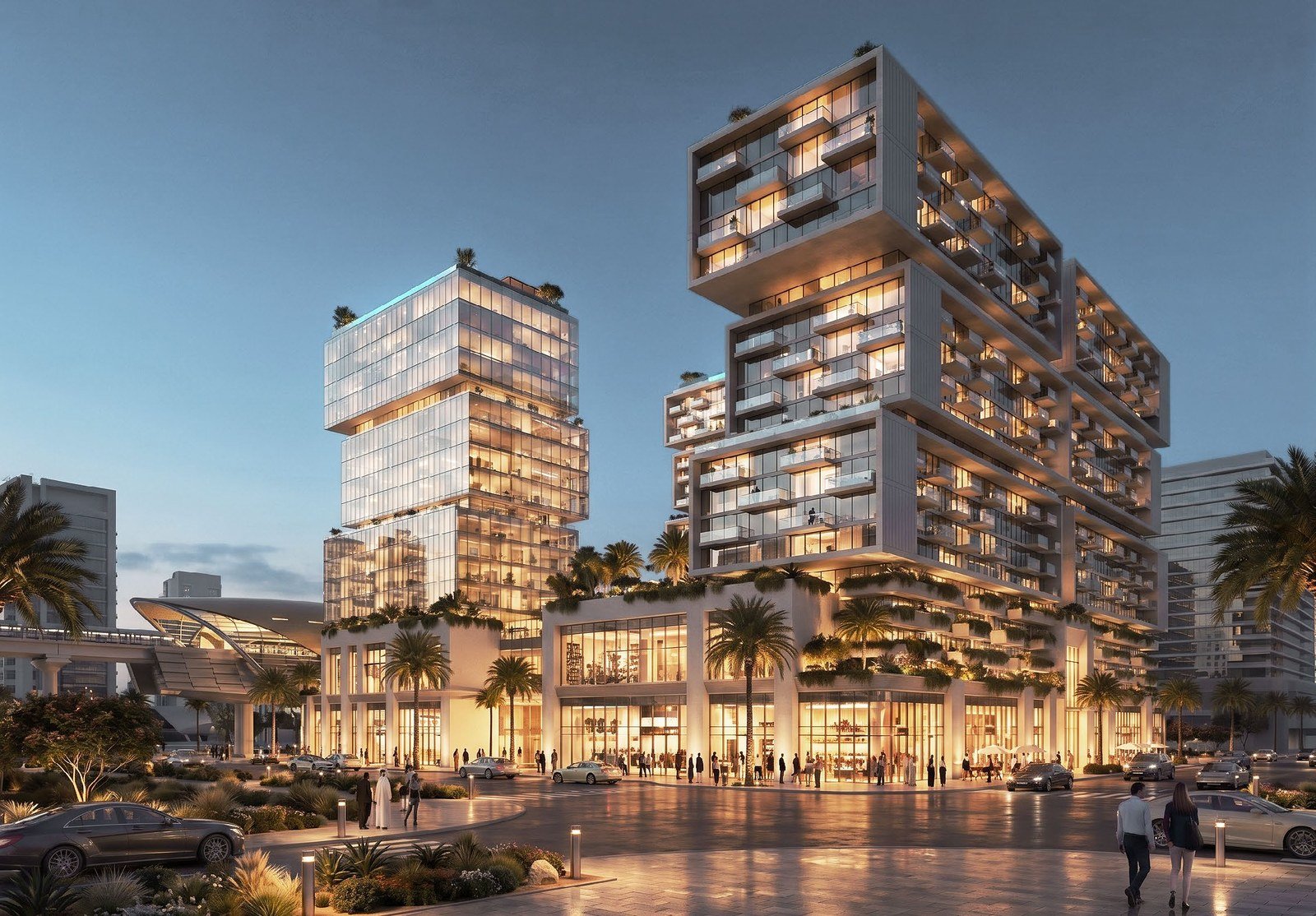 RAW District exterior dusk render Sheikh Zayed Road
