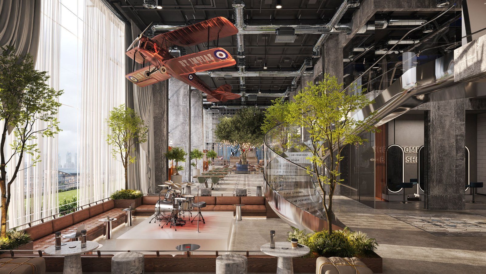 RAW District lobby interior with biplane installation